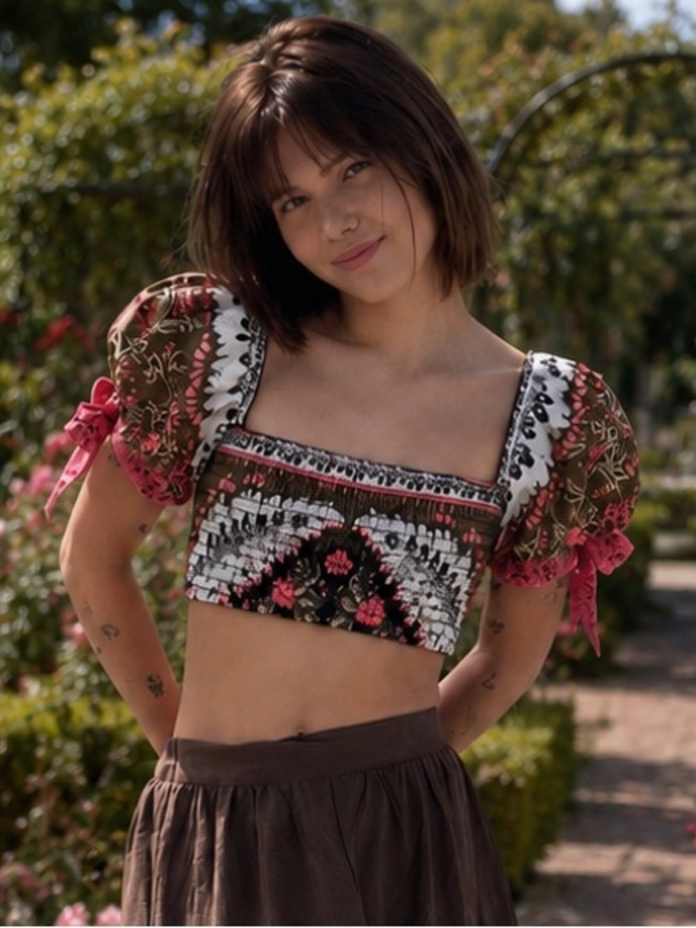 Agua Bendita Eileen Smocked Puff Sleeve Coquette Boho Floral Bikini Crop Top, M